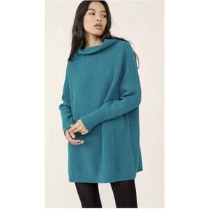 Free People Ottoman Slouchy Ribbed Mock Neck Sweater Tunic XS Teal Oversized